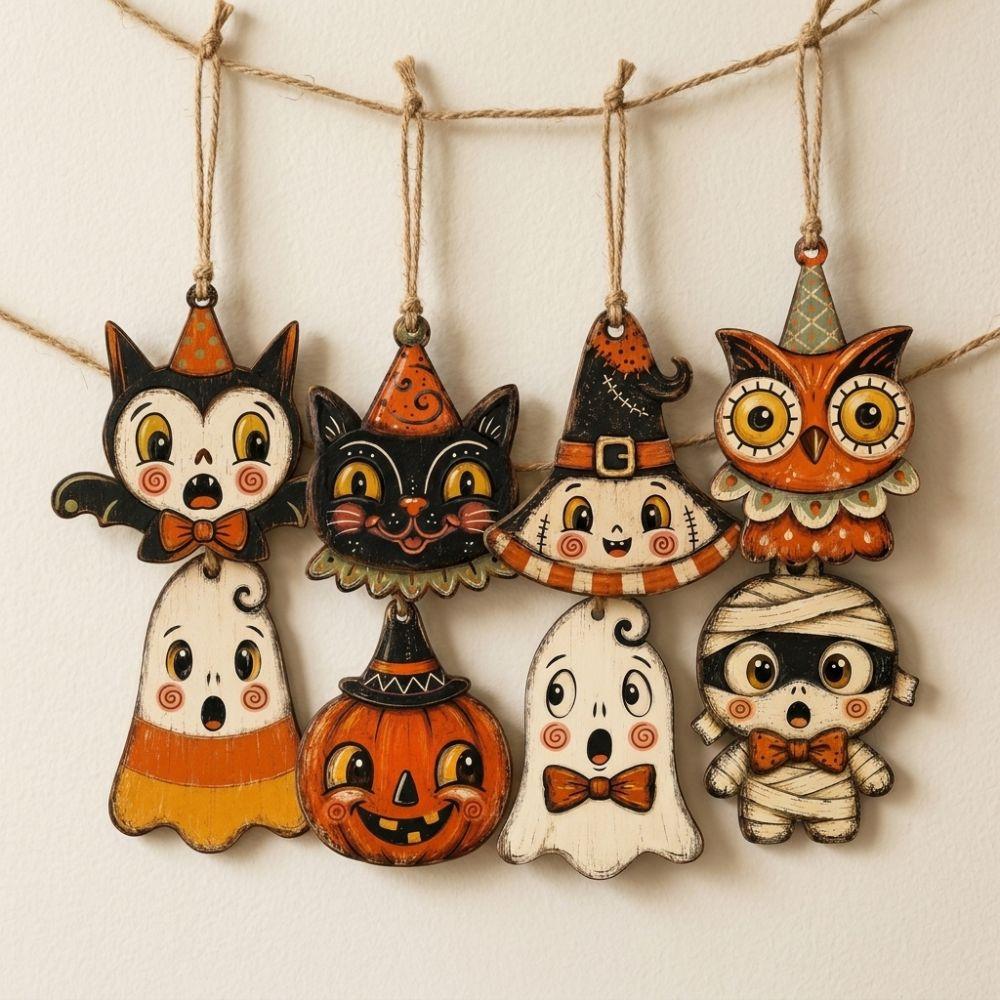 Vintage Style Wooden Black Cat Ornament Trick or Treat Halloween Tree Hanging Indoor Use