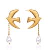 Wanxing European American-style Stainless Steel 18K Gold-plated Faux Pearl Bird Stud Earrings dove Motif Hammered Fashionable