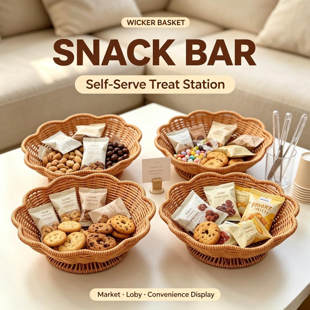 Handwoven Scalloped Edge Woven Basket Shallow Fruit Snack Bowl for Tabletop Organizer Home Decor Living Room Kitchen Storage