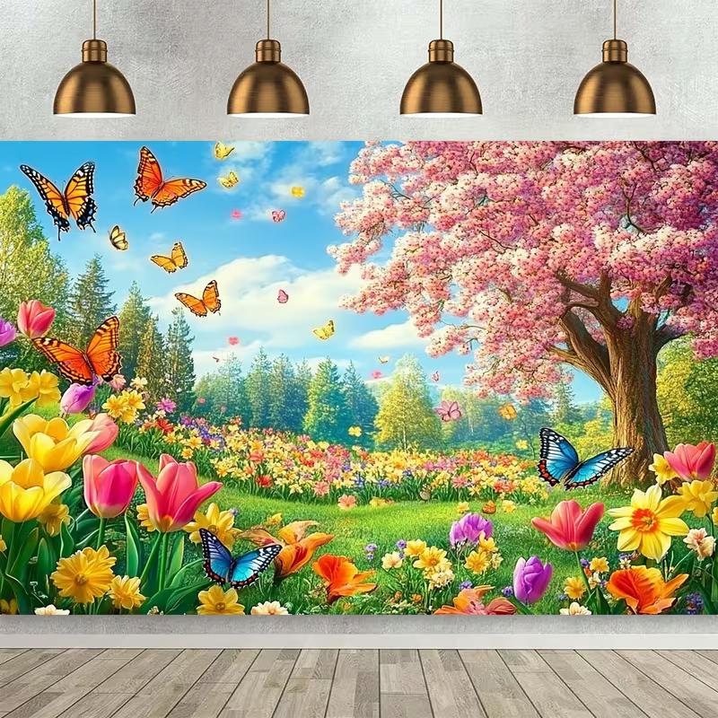 

2D Cherry Blossom Backdrop, Pink Sakura Tree with Butterflies Photo Background for Studio Photography 47.2x31.5inch/120*80cm