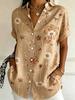 Women's Short Sleeve Watercolor Blue Floral Print Button Down Casual Shirt Elegant Daily Blouse Tops in Beige for Spring Summer