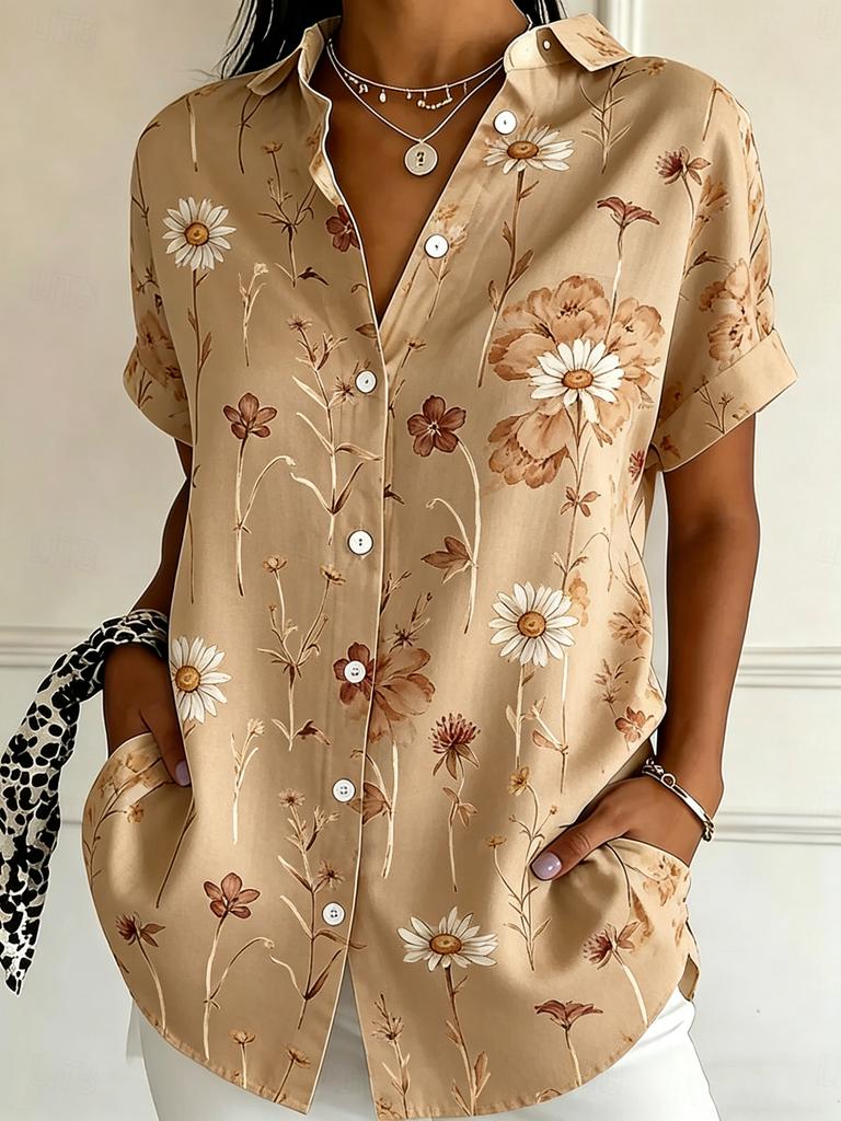 Women's Short Sleeve Watercolor Blue Floral Print Button Down Casual Shirt Elegant Daily Blouse Tops in Beige for Spring Summer
