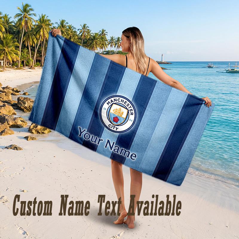 Manchester City Tasarımlı Plaj Havlusu Özel Yazı Büyük Havlu Plaj Tatili İçin