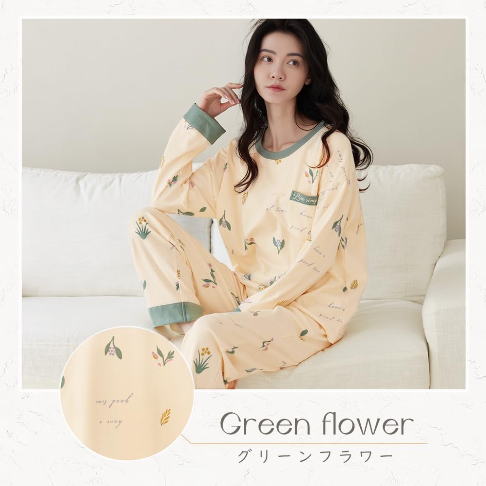 NANJUN Cotton Long Sleeves and Crew Women's 100% Pajamas, Pants, 2-Piece Set, Neck, Loungewear, Nightwear, Spring/Autumn (sy014-green flower-m)