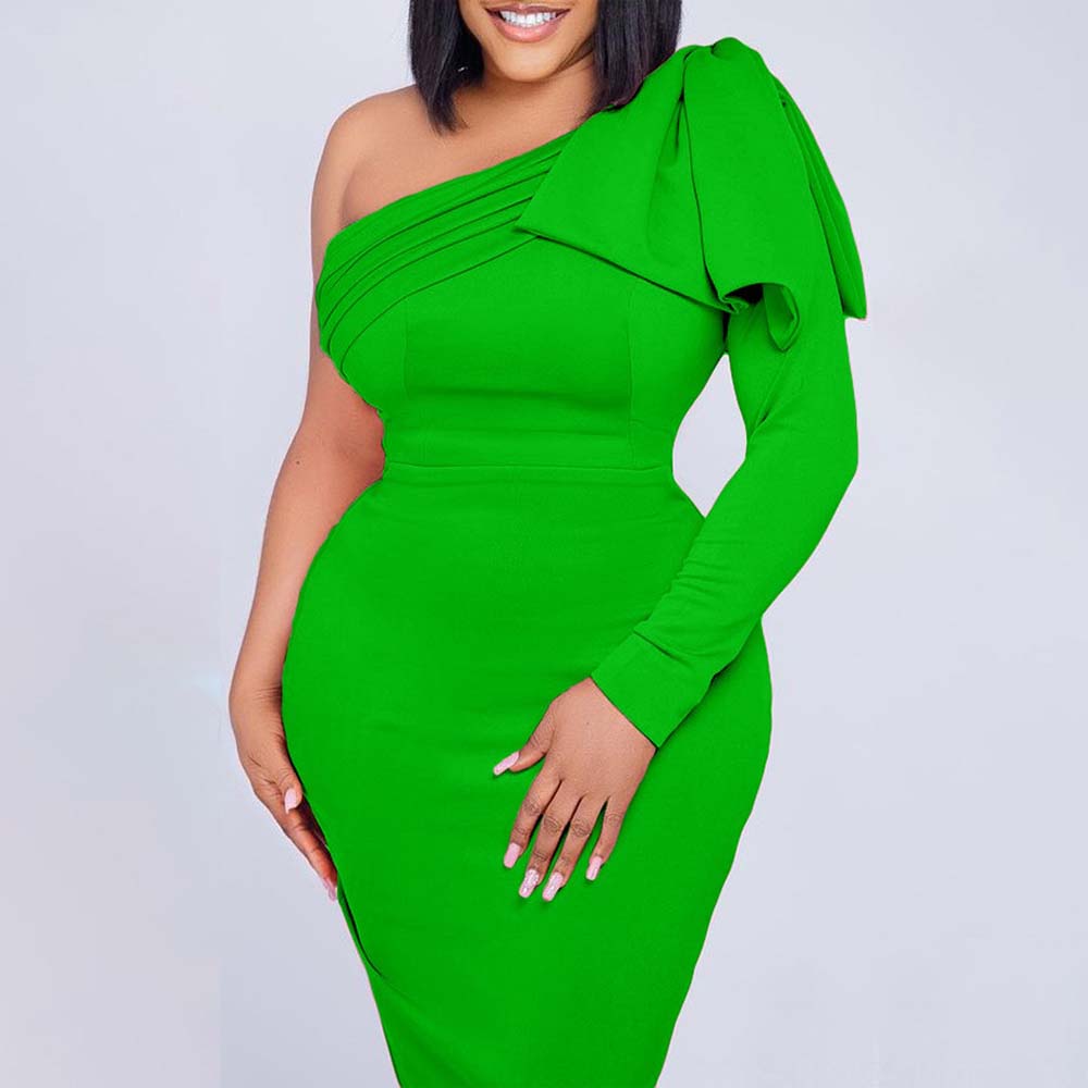 Woman Party Dresses Plus Size Xxxl One Shoulder Long Sleeve Package Hips Mid Calf Sexy Dress