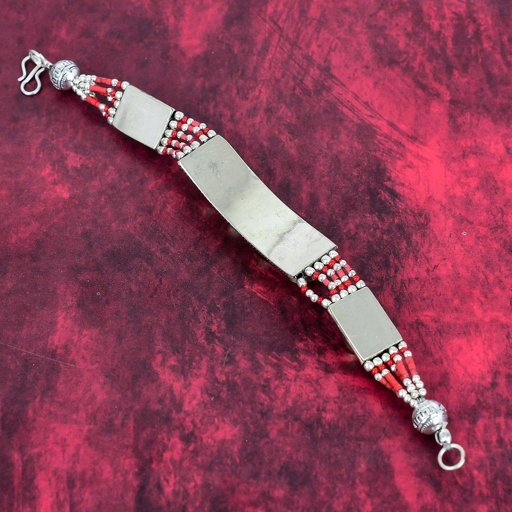 Rød Korall Håndlaget Edelstensarmbånd, 925 Solid Sterlingsølv Armbånd Antikke Nepalske Smykker, Til Forlovelsesgave