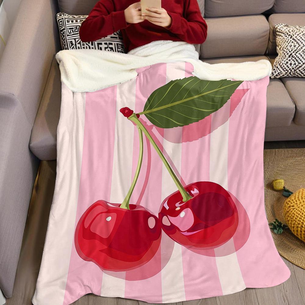 Cherries on Pink Stripes Flannel Blanket Warm Soft Halloween Christmas Couch Warm Cozy Decorative Decor Gift for All Season