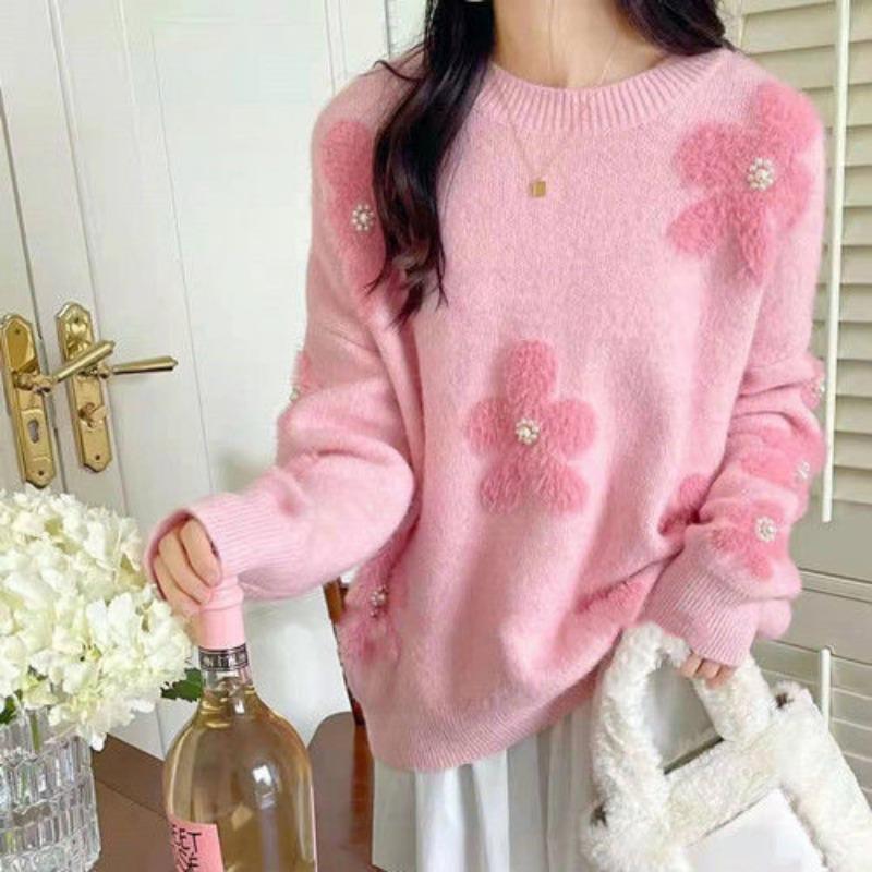 Milk Blue Soft Sweater Women's Fall and Winter Beaded Flowers Design Sense of Niche Fashion Foreign Sweet Comfortable and Versatile
