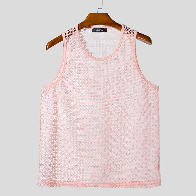 INCERUN Men O Neck Sleeveless Mesh Sheer Hollow Crochet Casual Beach Tank Tops