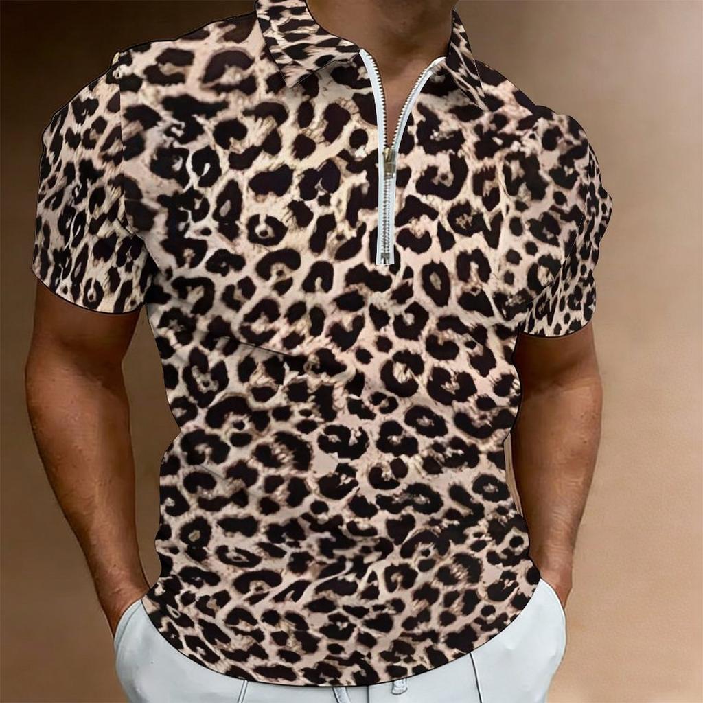Women Short Sleeve Polo Shirt Light Beige Black Dense Leopard Print Half Zip Lapel Top