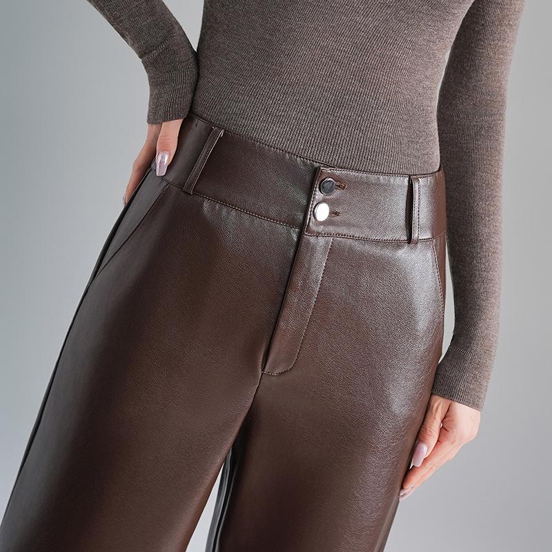 Pantaloni de damă din piele de oaie cu talie înaltă Toamnă/Iarnă 2025: Casual, Larg, Drapat Stil Drept cu Picior Larg Lungime Nouă Puncte