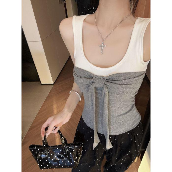 Hong Kong style with chest pad contrasting color bow sling small vest women's summer beauty back strap design sense top tide