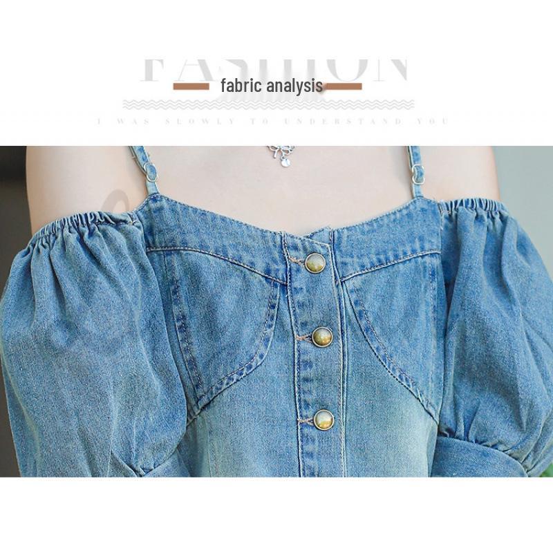 

New Arrival V-Neck Camisole: Cool, Sweet Doll Sleeves & High-End Denim Style S синій