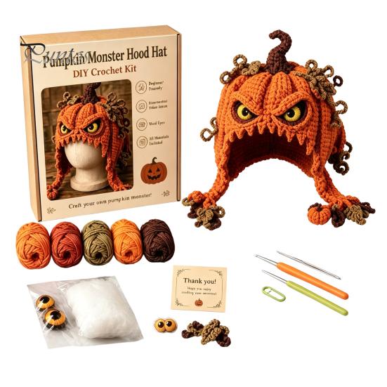 Cute Animal Hat Pattern Highland Cow Crochet Kit, Halloween Pumpkin Spider Hood DIY Kit Handmade Craft for Adults Teens Creative Hobby Gift