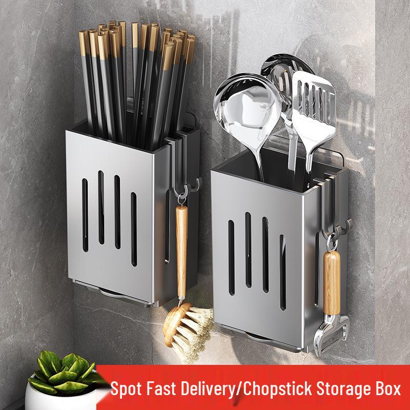 Wall-Mounted Chopstick & Spoon Storage Rack with Drainage