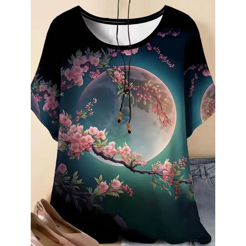 Fashion Women's Crew Neck T-Shirt Crew Neck Short Sleeve 3D Color Printing