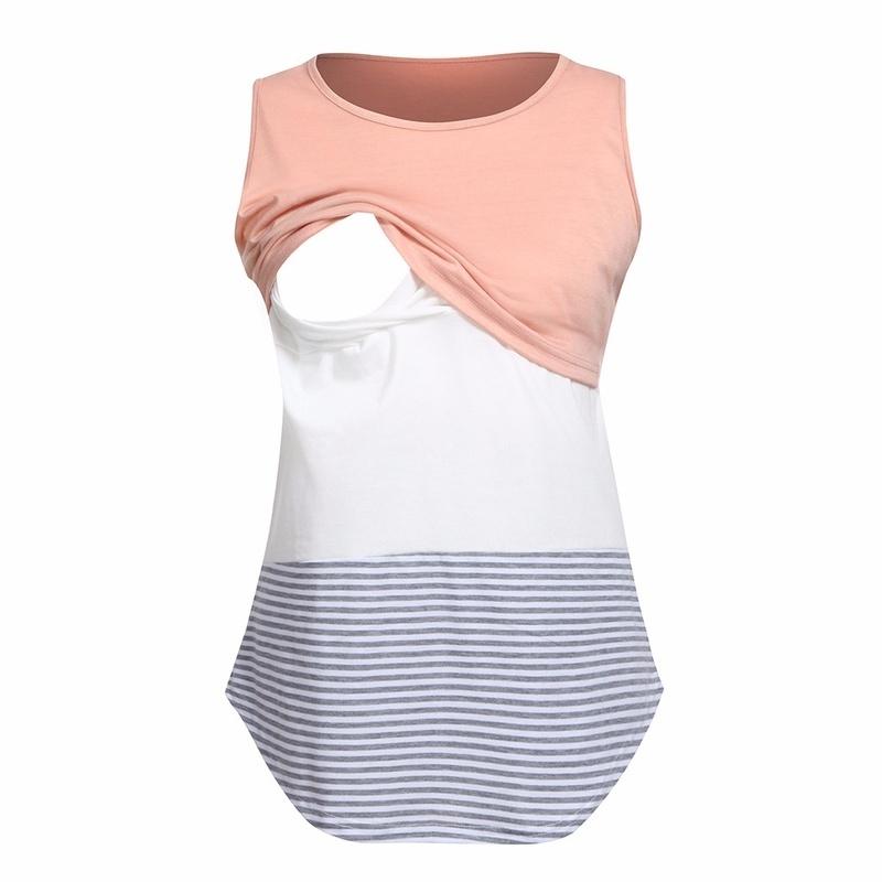 Women Convenient Lactation Pregnant Nursing Round Neck Sleeveless Stripe Gravida Clothing Maternity Shirt