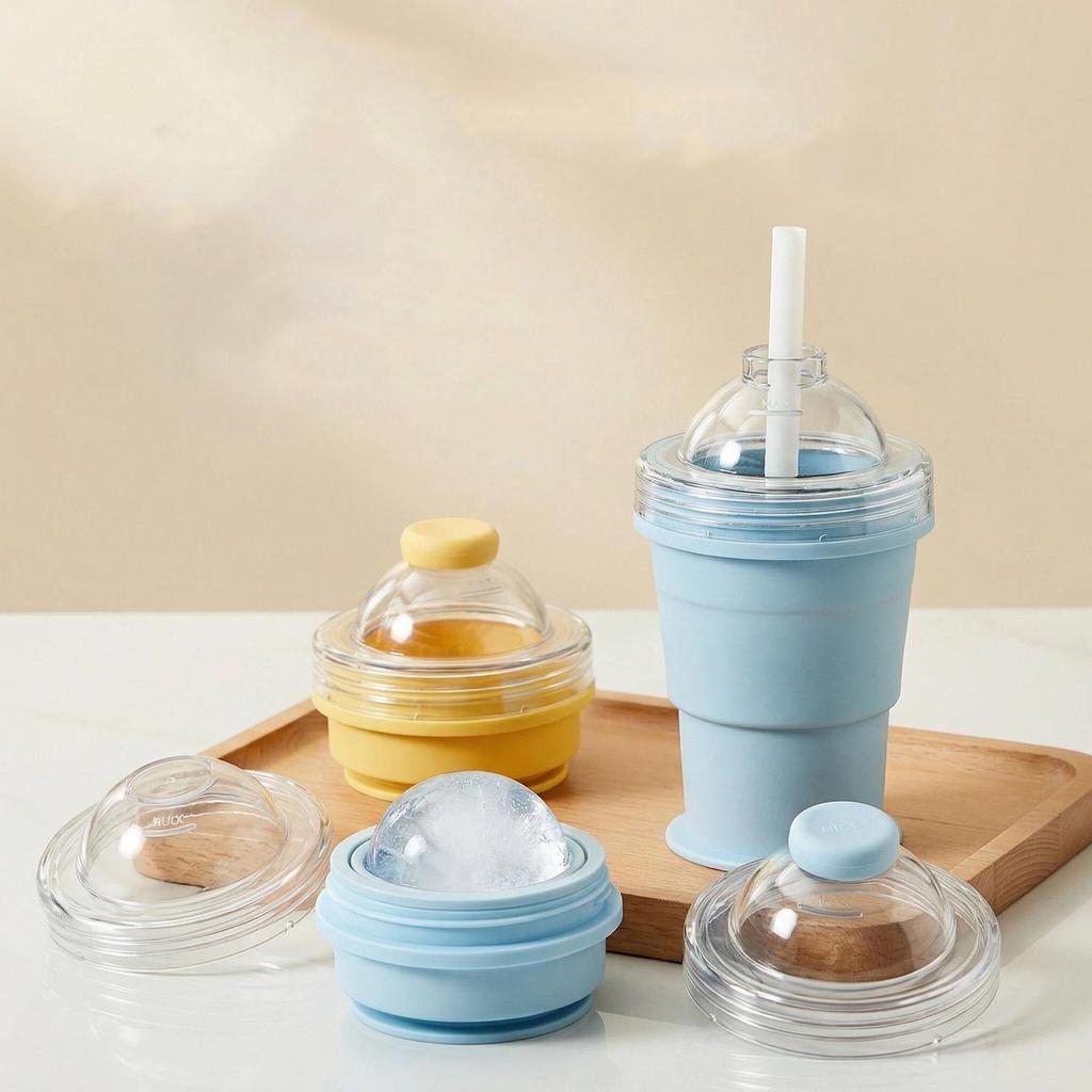 Portable Folding Ice Ball Cup 2 in 1 Silicone Ice Ball Maker Cup with Leak-resistant Lid & Straw for Travel Camping Cocktails
