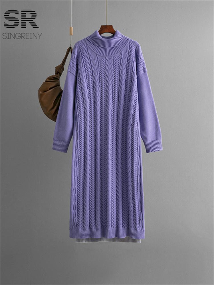 

Свободное толстое трикотажное платье для женщин, осень-зима, с длинным рукавом, водолазка, женские повседневные базовые платья в тон One Size фиолетовый