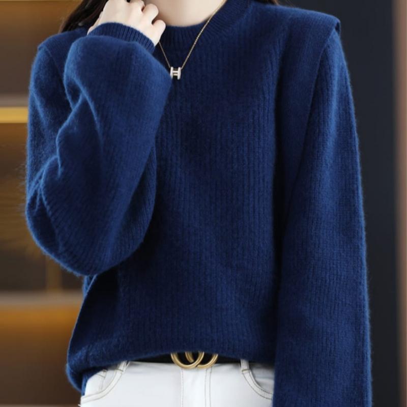 Navava Long Sleeve Knit Sweater Simple Ribbed Round Neck Nk2433