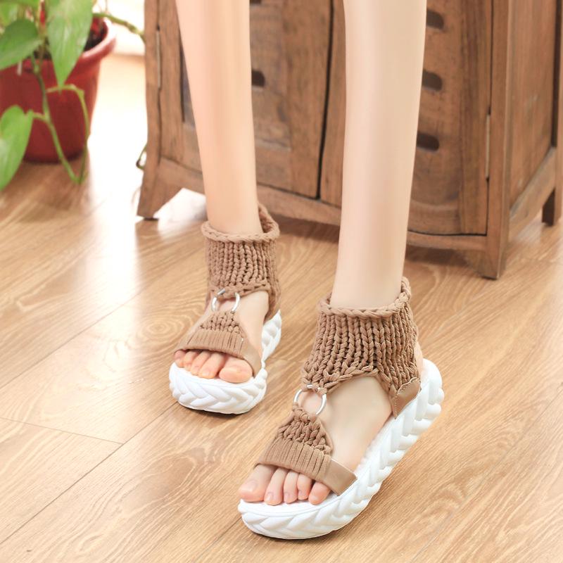 Women's Plus Size Lightweight Woven Slippers - Thick-Soled, Wool, Round-Toe Sandals, European & American Casual Style