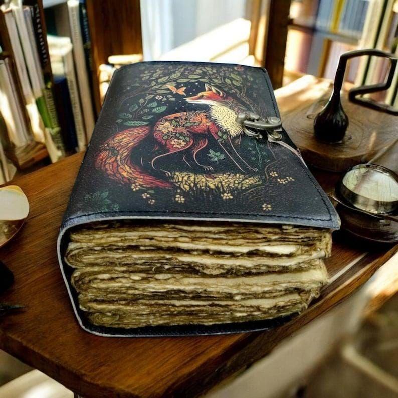 400 Page Large Fox Journal Vintage Handmade Leather Journal, Grimoire Fat Journal Blank Spell Book of Shadows Celestial Gifts For Him Her