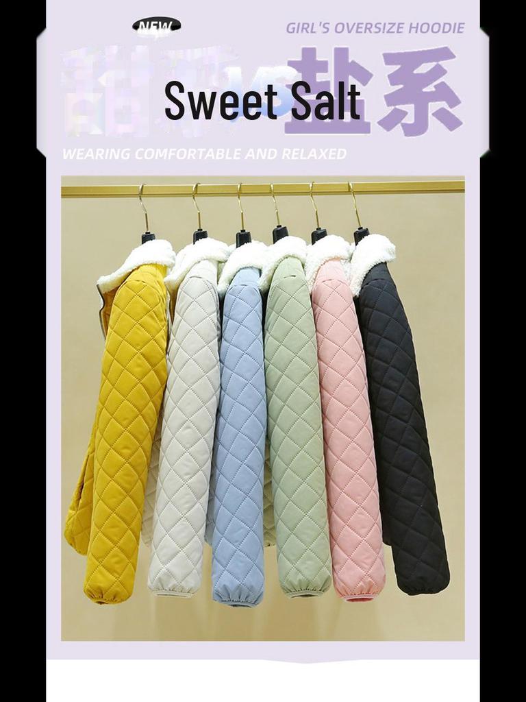 2024 Fall/Winter Women's Lambskin Cotton Coat - Stand-up Collar, Casual Loose Fit, Warm and Stylish Diamond Check Design.