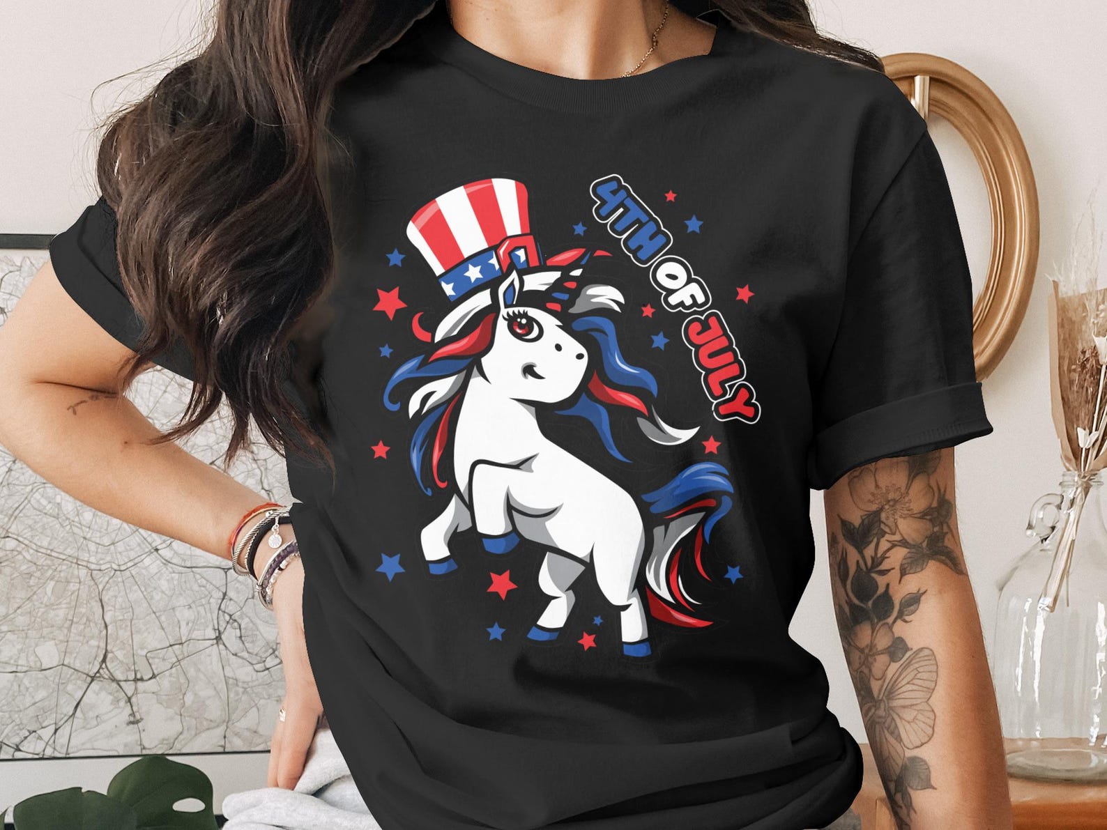 4th of July Unicorn T-Shirt, Patriotic Unicorn Shirt, Independence Day Tee, American Flag Unicorn, Cute USA Stars & Stripes Top 4XL