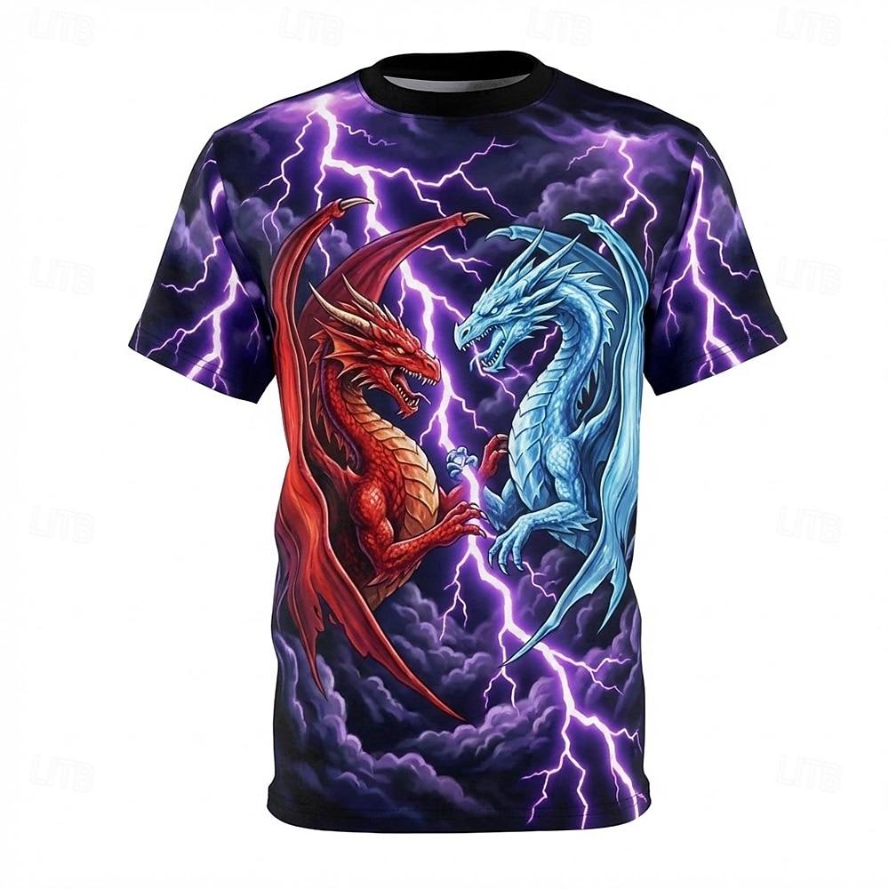 Retro 90s Fire and Ice Dragon Epic Battle Purple Lightning 3D Graphic T Shirt Mens Vintage Fantasy Mythical Creature XL