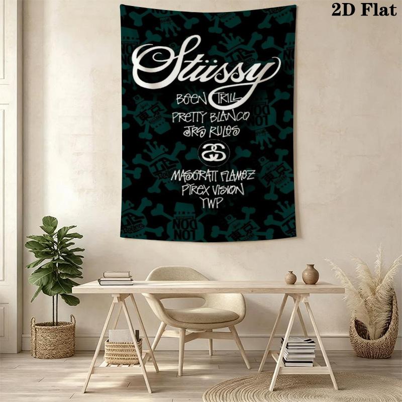 Teal Skull Pattern Tapestry, Vintage Street Brand Text Logo Collage Wall Hanging Aesthetic Decor