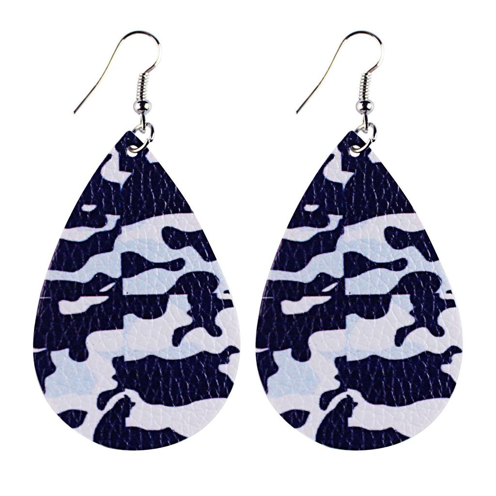 Army Green Camouflage Pu Leather Earrings Water Drop Shape Double-Sided Printing For