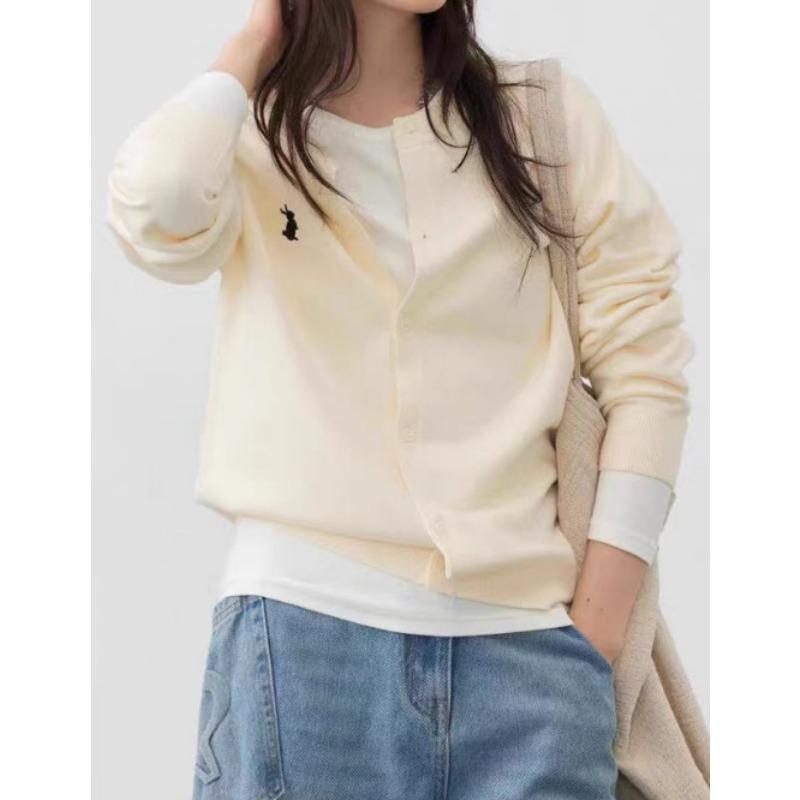 Spring and Autumn New Rabbit Embroidered Knitted Cardigan Women's Casual Versatile Solid Color Top Loose Sweater Women's Jacket Trend