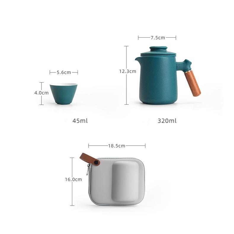 Ceramic Quick Tea Set with One Pot and Four Cups, Wooden Handle Teapot, Portable Bag