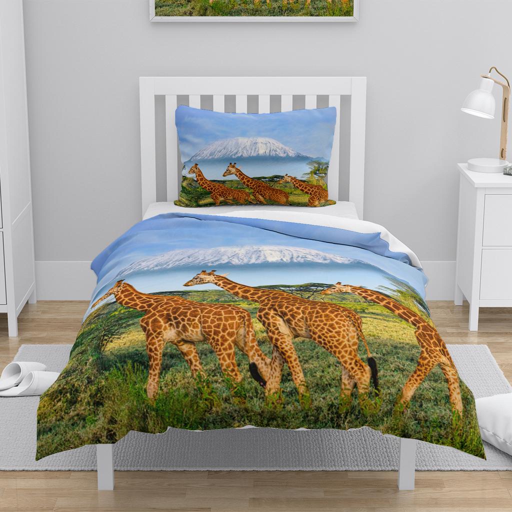 3D Animal Bedding Set - Giraffes Mountains Grassland Quilt Cover Twin/King Size, 2/3PCS Soft Polyester Bed Linen, Durable & Fade