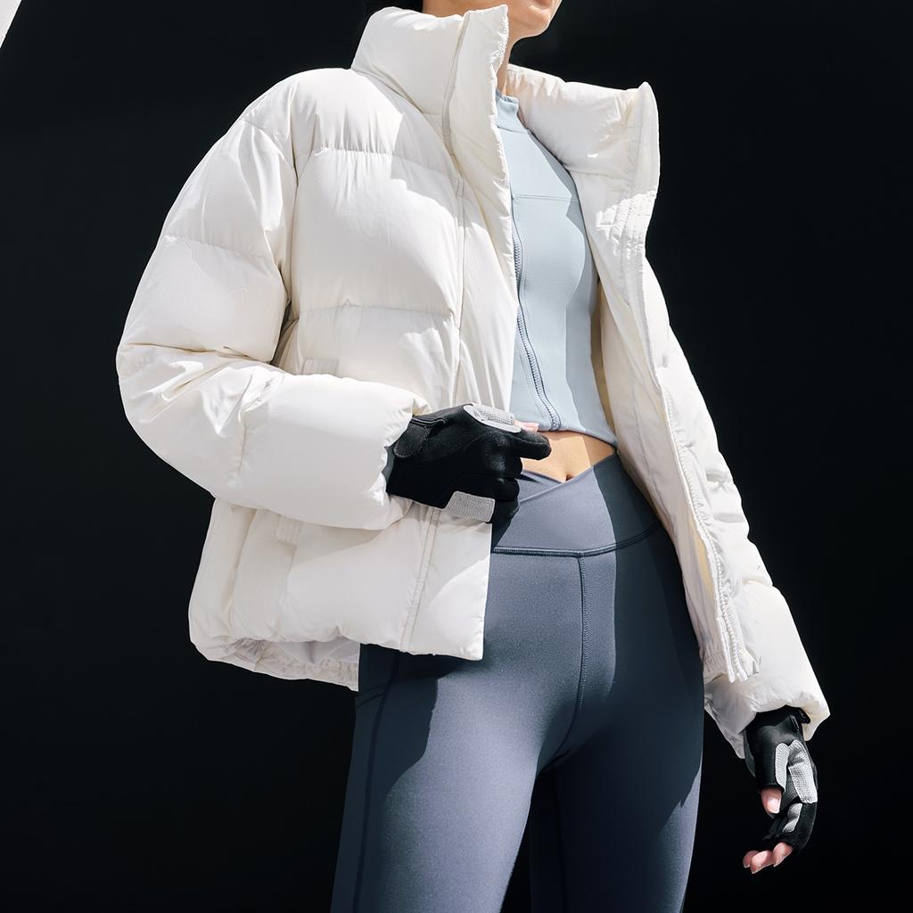 Li Ning Hot Pot Down Jacket Series Off-Season Stock Solid Color Stand Collar Loose Short Down Jacket Women outerwear Off-White AYMT298-6