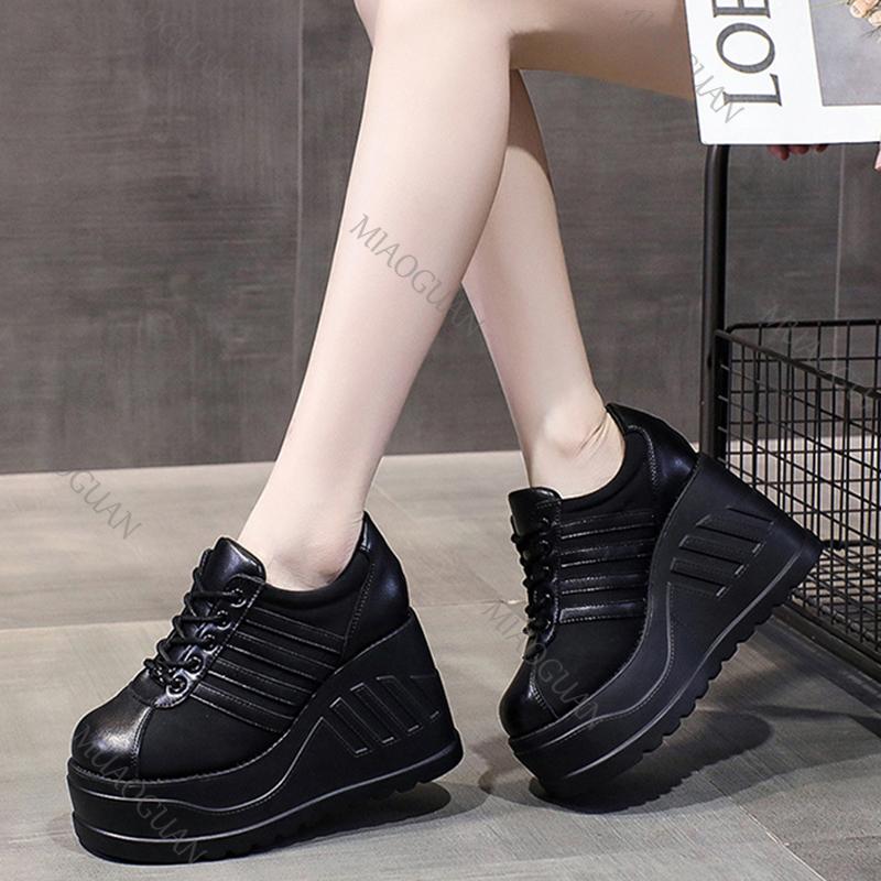 Fashion Women's Platform Shoes Punk Style Platform Women Pumps Black Fashion Wedges High Heels Ladies Shoes Large Size Lace Up Sneakers