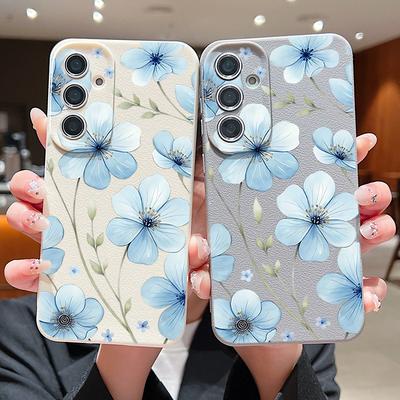 Lovely Sky-blue Flowers Pattern Case For Samsung Galaxy A57 A37 A17 A56 A36 A26 A16 A55 A35 A15 A54 5G Luxury Leather Texture Silicone Cover