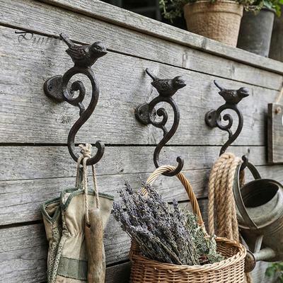Rustic Terrace Decorative Accents Vintage Iron Birdcage Wall Mount Hooks, Metal Bird Plant Hanging Basket Hook for Home Outdoor Garden Hooks
