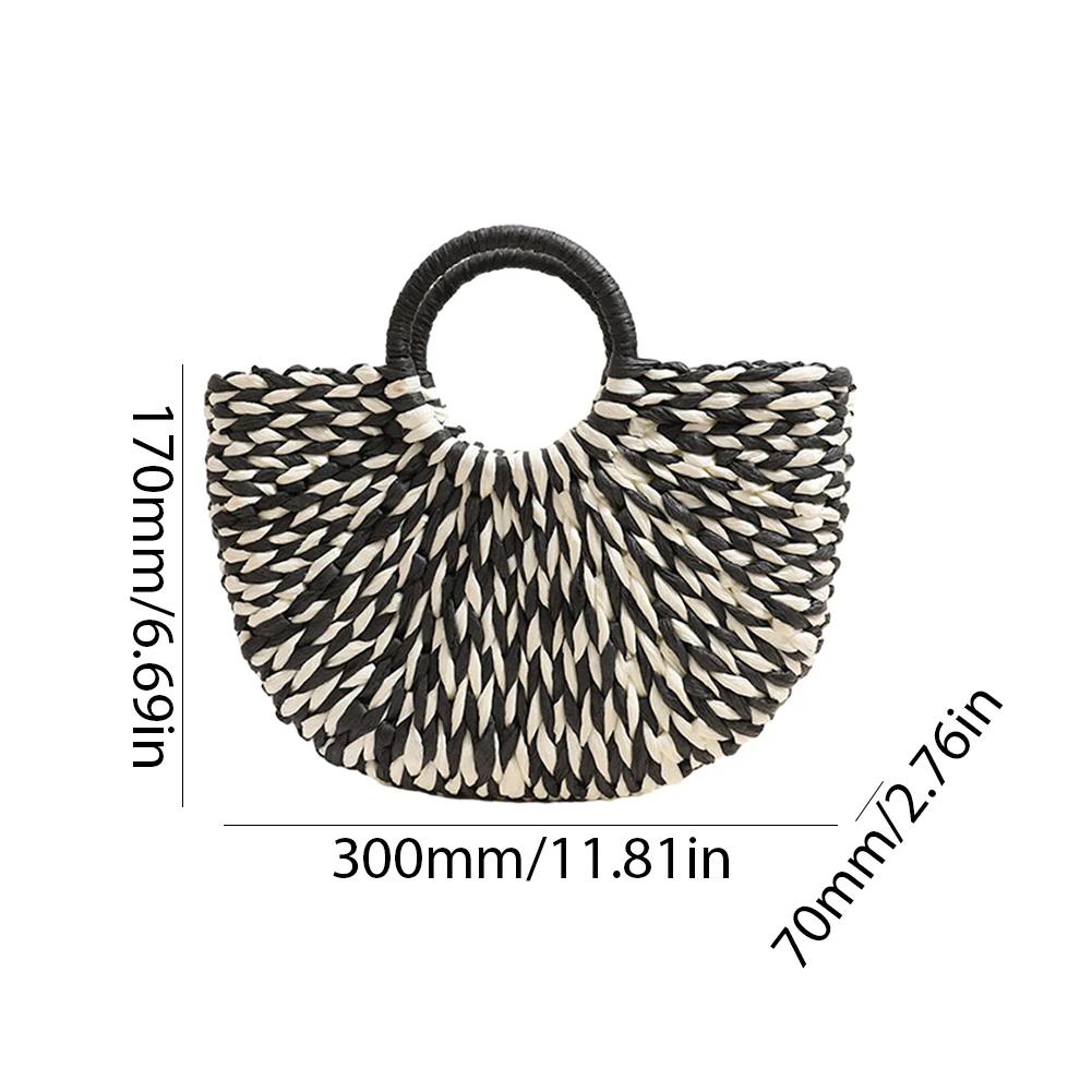 Women Half-Round Handbag Large Capacity Casual Travel Tote Bag Color Clash Semicircle Weaving Bag Female Leisure Bag