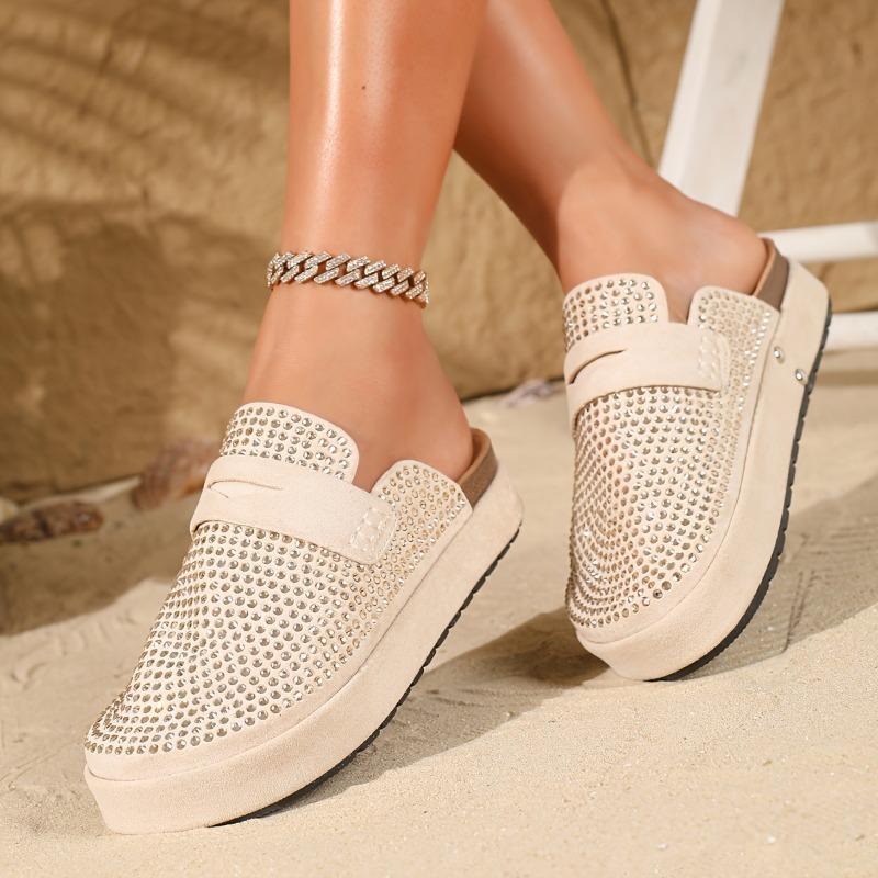 Women's Rhinestone-Embellished Slip-On Mule Sandals - 4cm Thick Cushioned Beach Slippers with Sparkling Rhinestone Strap, Round Toe & Soft Rubber Sole