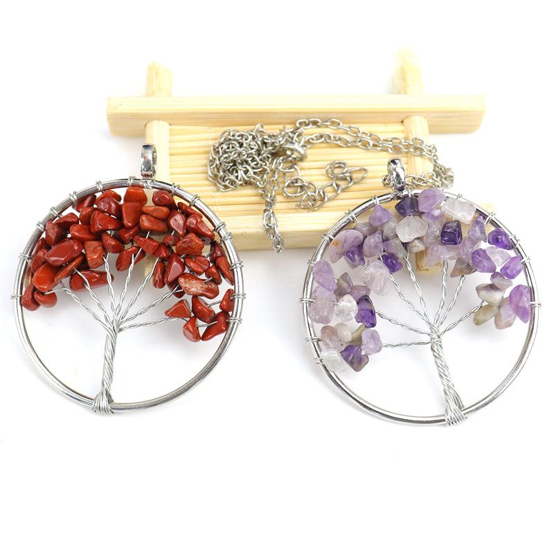 Hand-Wound Natural Gravel Crystal Tree Of Life, Natural Stone Fortune Tree Colorful Necklace N84