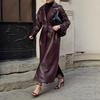 Women's Dark Red Waist Lace-up Suit Collar Long Slim Leather Coat Trench Coat