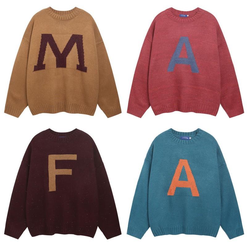Oversized Relaxed Fit Acrylic Knit Sweater With Letter Print - Unisex Round Neck Long Sleeve Winter