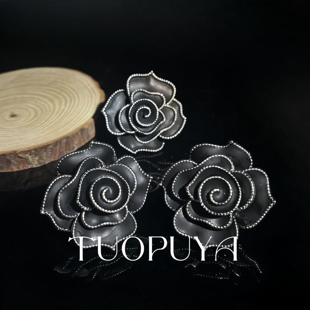 Handmade Enamel Black Camellia Stud Earrings & Versatile Open Ring Set