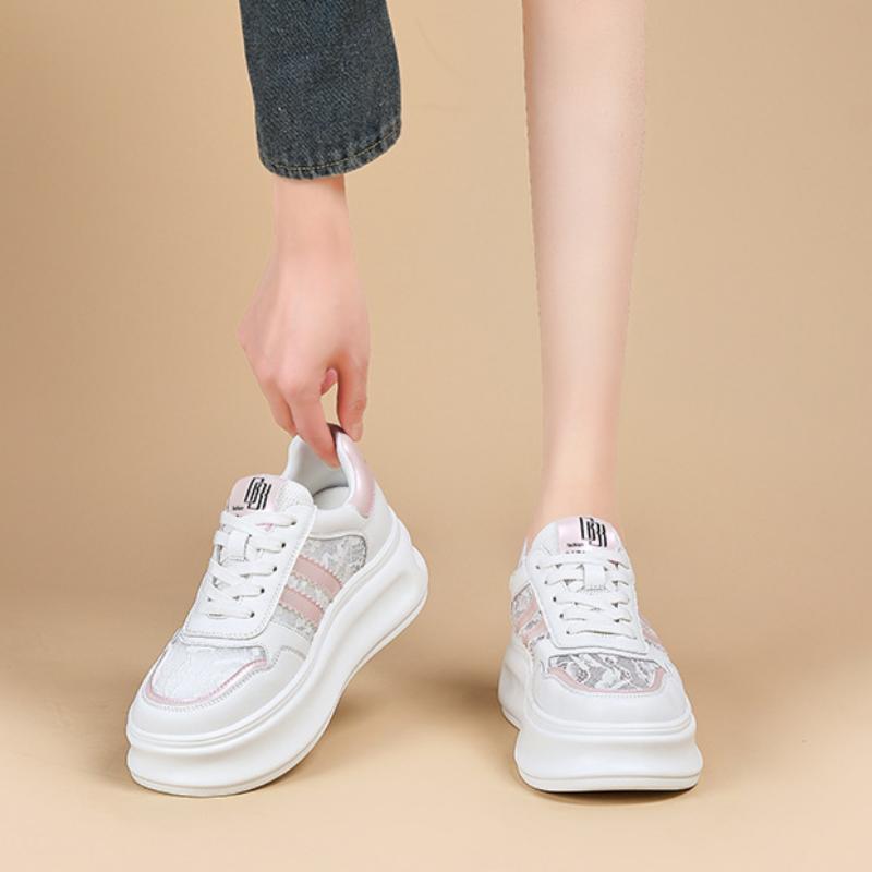 Mesh Breathable White Shoes for Women Spring Thick-soled Platform Thin Casual Shoes Color Matching Lace Sneakers