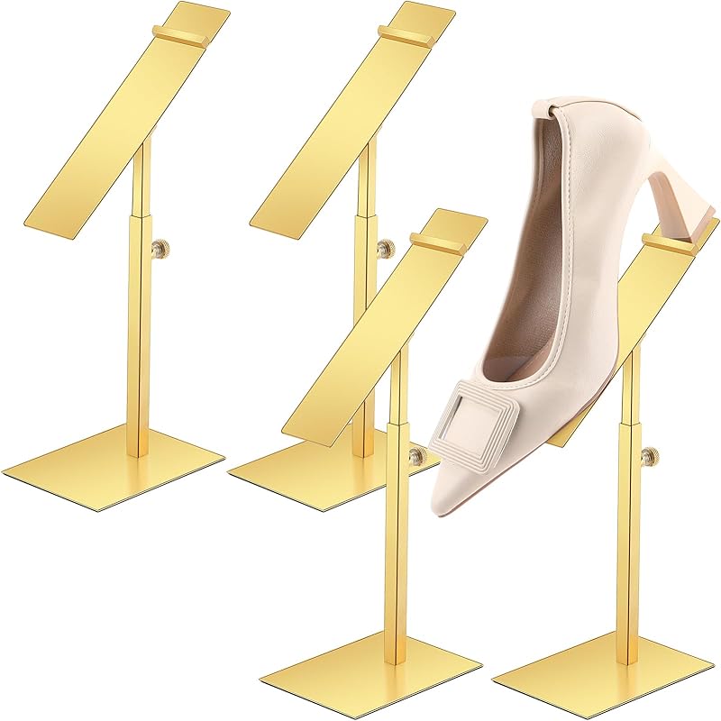 Therwen 4 Pcs Shoe Display Stand Gold Rack Stainless Steel Shoe Stand Golden Metal Riser High Heel Display Rack Holder for Home Shopping Malls(Square
