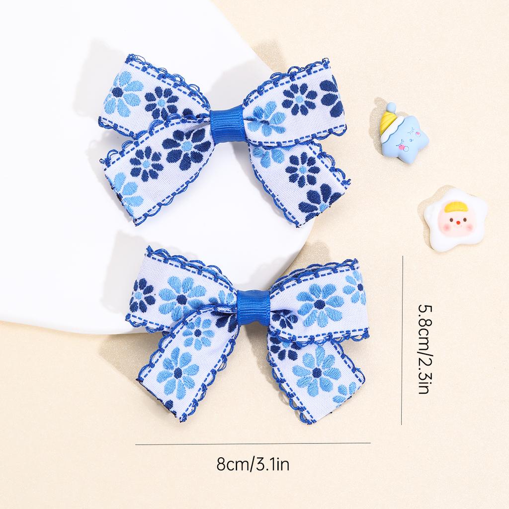 Cobalt Blue Floral Hair Clips Porcelain Color Flower Embroidery Bow Hair Brooches For Girls Children's Hairdressing Accessories