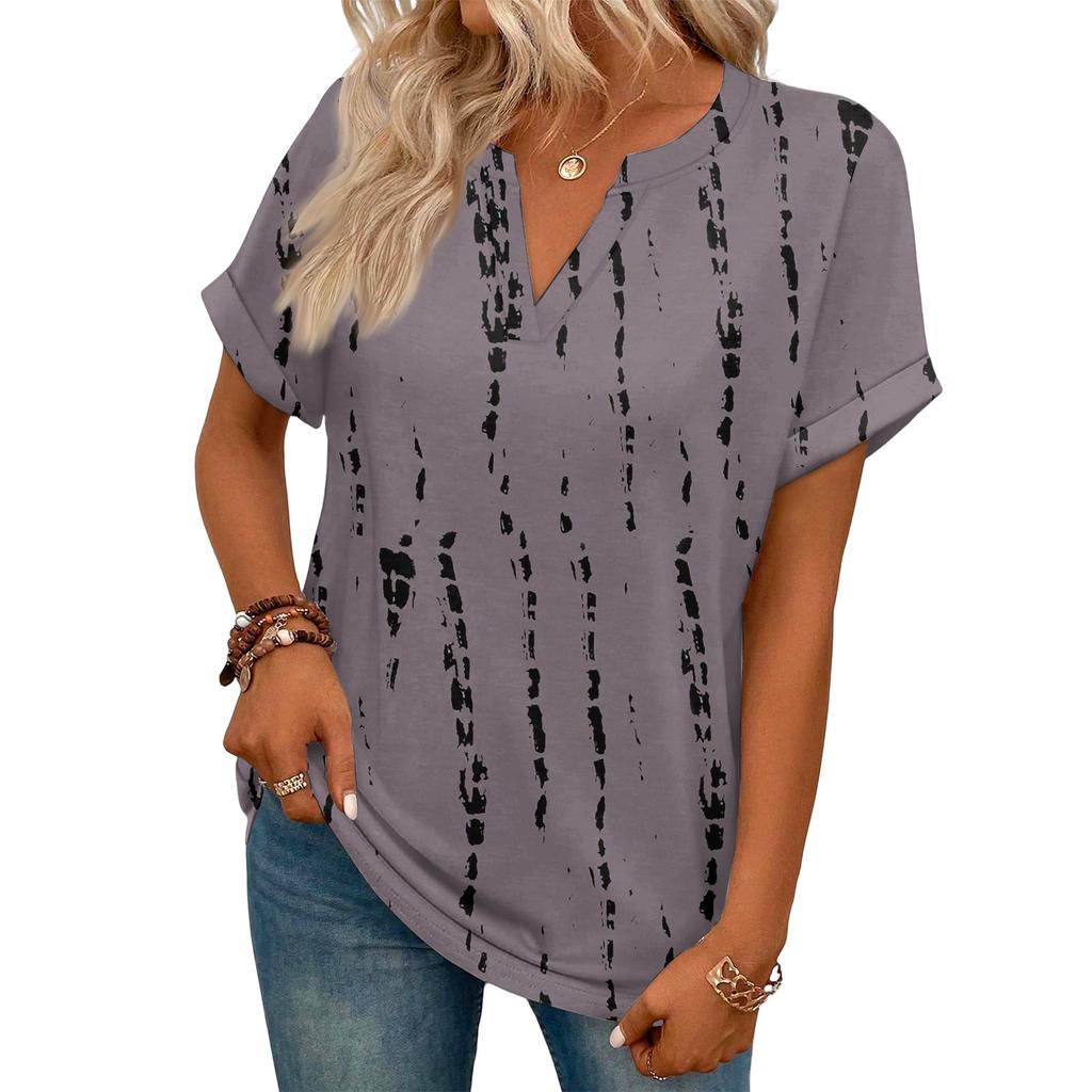 Stylish Women's Casual V-neck Short-sleeved Retro Print T-shirt