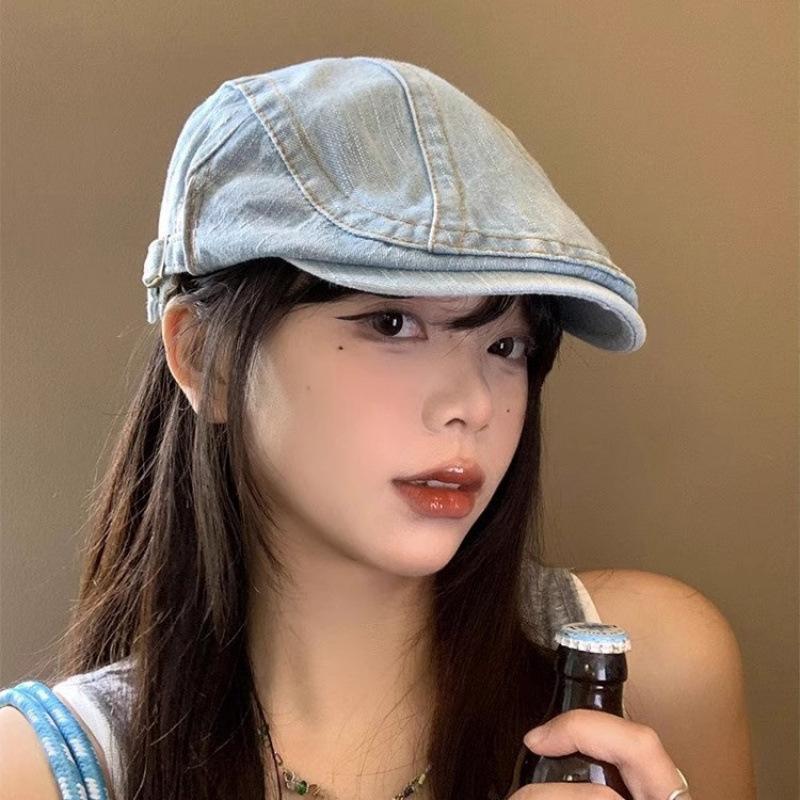 Spring And Summer Washed Denim Forward Hat Japanese Retro Face Small Beret Reverse Wearing Big Head Circumference Painter Hat