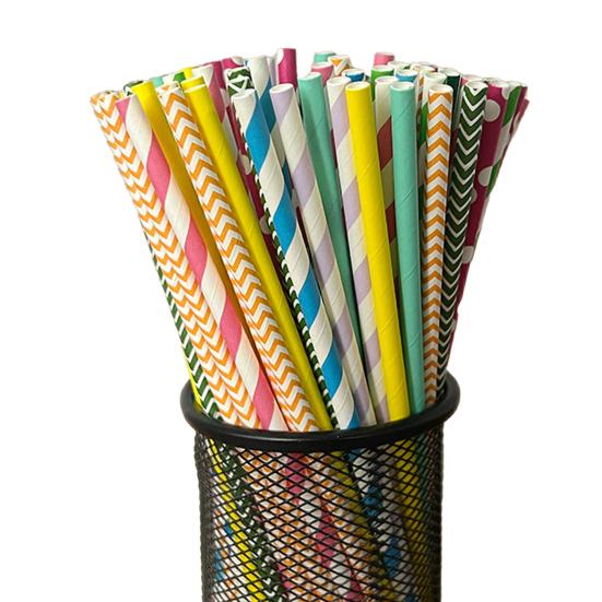 100Pcs Biodegradable Paper Straws Colorful Striped Print Food-Grade Safe Drinking Straws Party Supplies